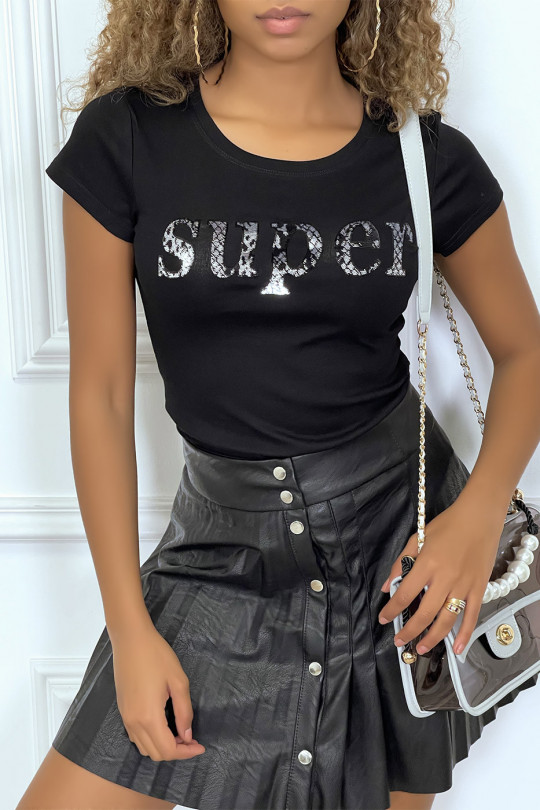 Tee-shirt noir avec écriture SUPER en sequins argenté - 2