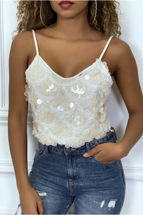 Witte ecru crop top met lovertjes - 1