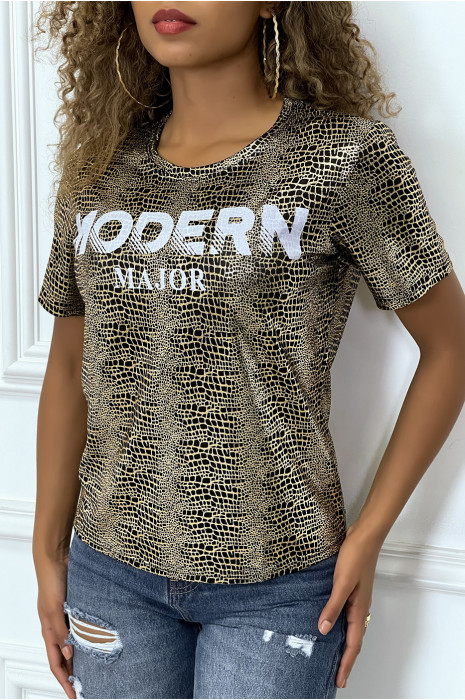 Tee-shirt en python noir et dorée avec écriture - 1