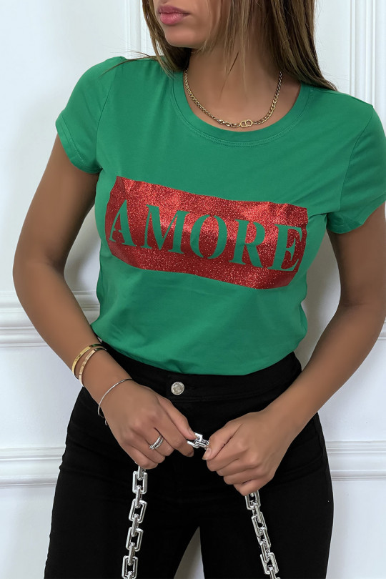 T-shirt vert avec écriture AMORE à l'avant - 1