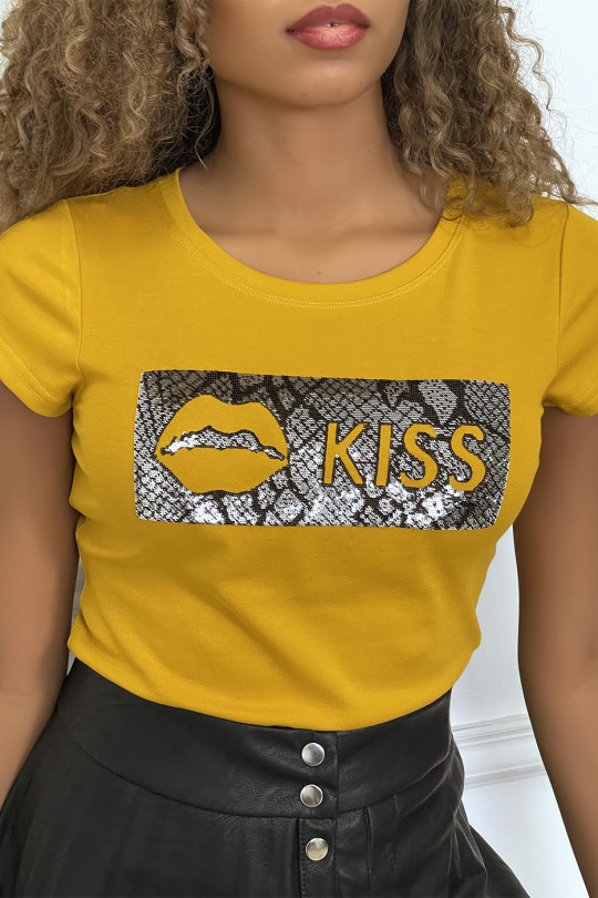 Tee-shirt moutarde avec écriture et imprimé python - 4