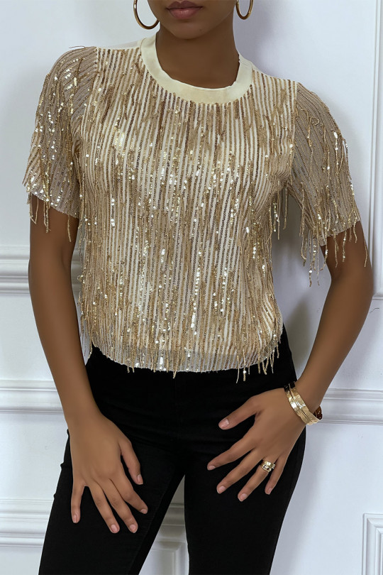 Beige sequin top short sleeves lined at the front - 1