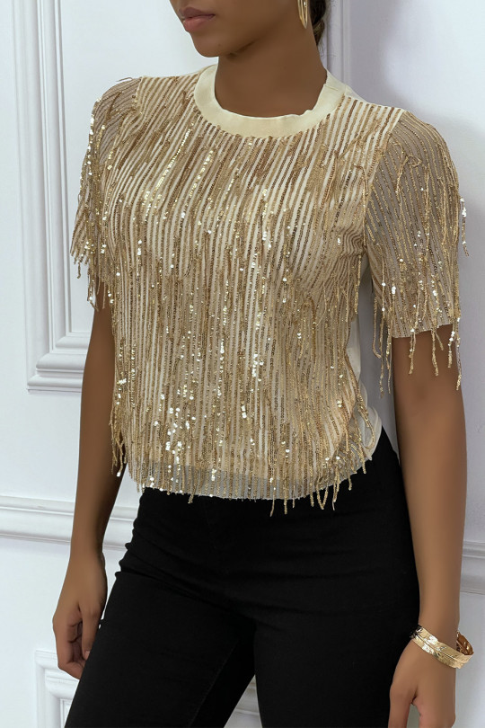 Beige sequin top short sleeves lined at the front - 2