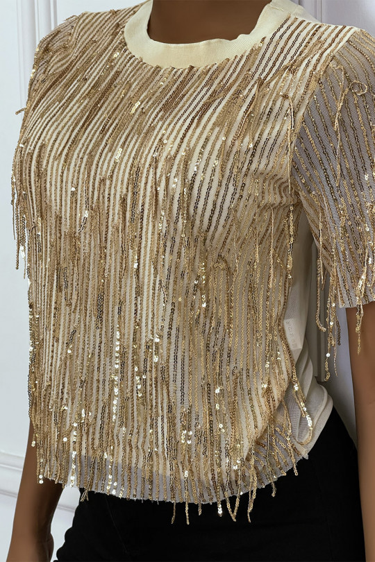 Beige sequin top short sleeves lined at the front - 3