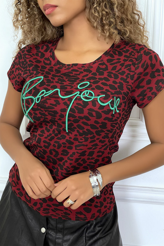 Tee-shirt bordeaux motif leopard et écriture - 2