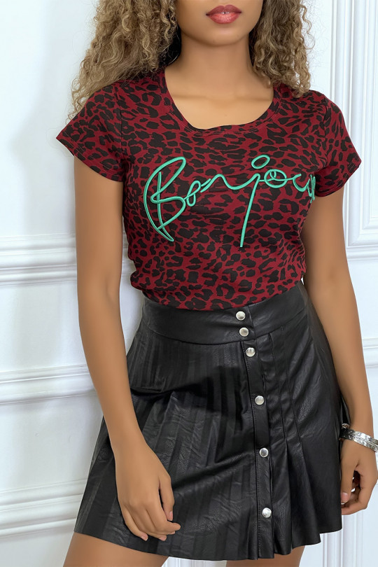Tee-shirt bordeaux motif leopard et écriture - 3