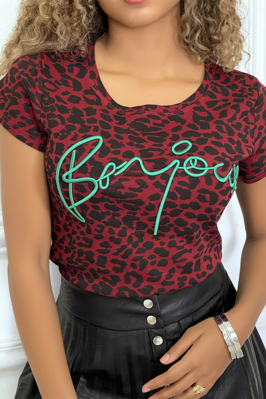 Tee-shirt bordeaux motif leopard et écriture - 4