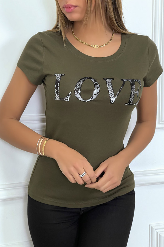 T-shirt kaki avec écriture LOVE en sequin - 2