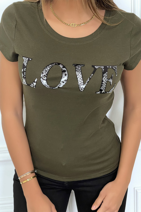 T-shirt kaki avec écriture LOVE en sequin - 3