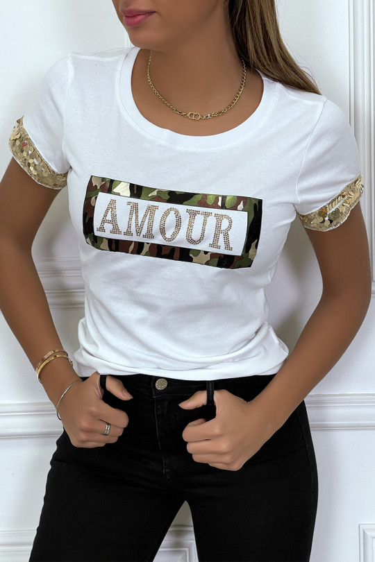 White t-shirt with AMOUR writing and gold rhinestones - 1