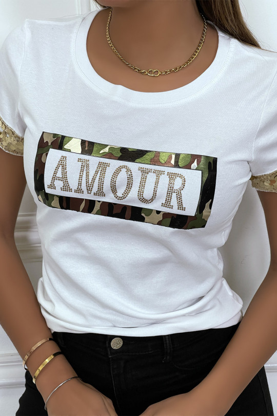 White t-shirt with AMOUR writing and gold rhinestones - 3