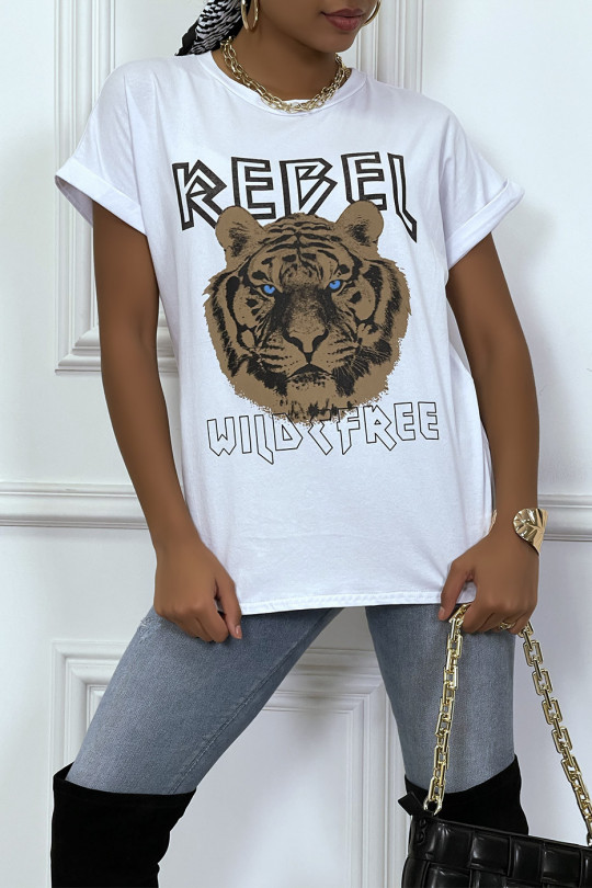 Tee-shirt blanc ample avec écriture REBEL et tête de lion - 2