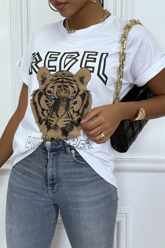 Loose white t-shirt with REBEL writing and lion head - 4