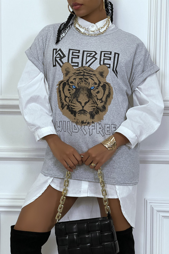 Tee-shirt gris ample avec écriture REBEL et tête de lion - 2