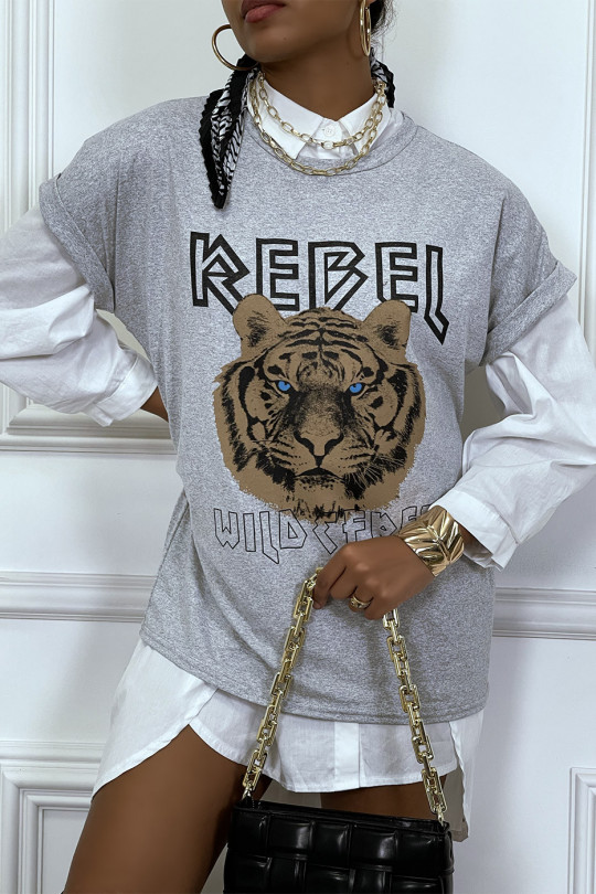 Tee-shirt gris ample avec écriture REBEL et tête de lion - 4