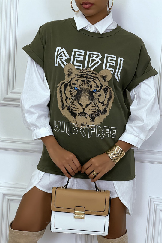 Losvallend kaki T-shirt met REBEL-tekst en leeuwenkop - 1