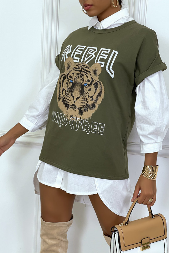 Losvallend kaki T-shirt met REBEL-tekst en leeuwenkop - 2