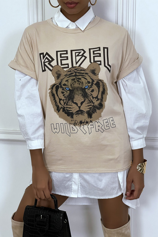 Tee-shirt beige ample avec écriture REBEL et tête de lion - 1