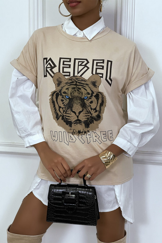 Losvallend beige t-shirt met REBEL-tekst en leeuwenkop - 2