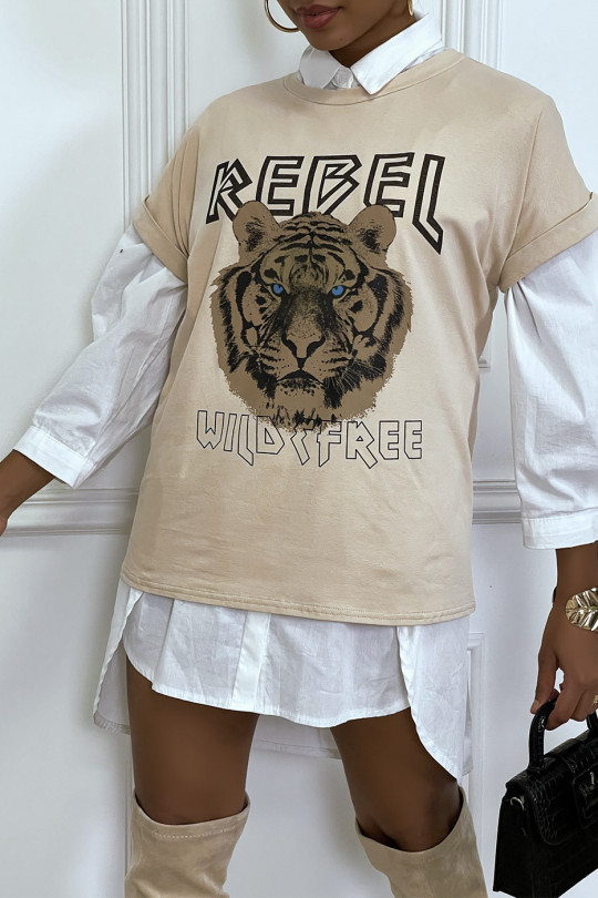 Losvallend beige t-shirt met REBEL-tekst en leeuwenkop - 3