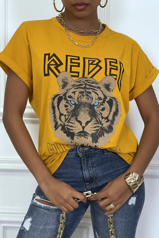 Loose mustard t-shirt with REBEL writing and lion head - 4