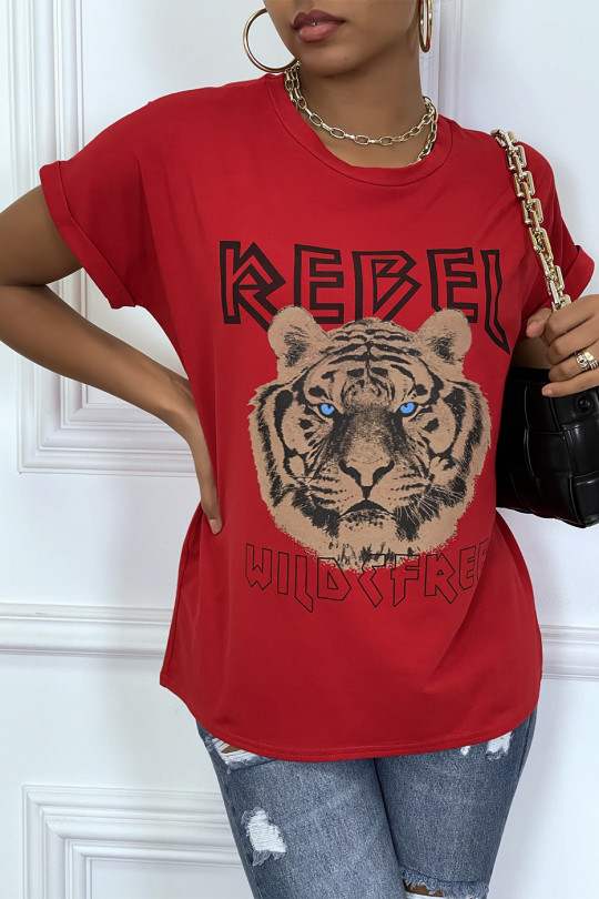 Loose red t-shirt with REBEL writing and lion head - 1