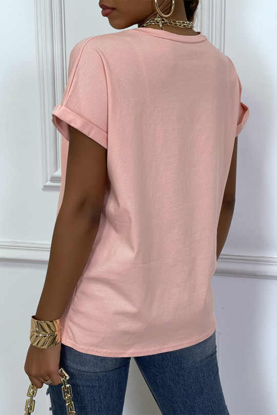 Losvallend roze T-shirt met REBEL-tekst en leeuwenkop - 5