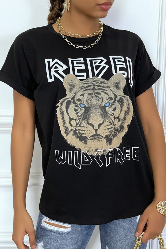 Tee-shirt noir ample avec écriture REBEL et tête de lion - 1