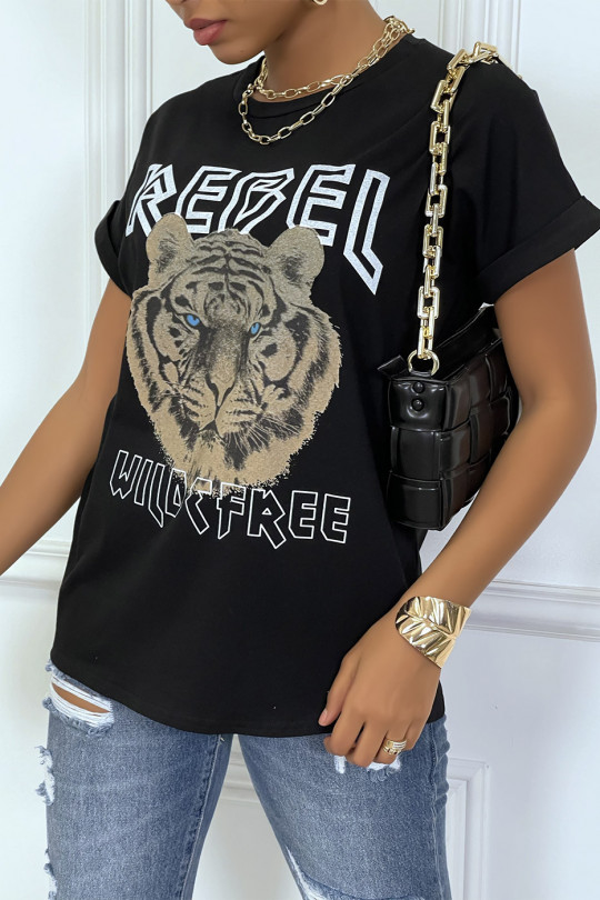 Tee-shirt noir ample avec écriture REBEL et tête de lion - 2
