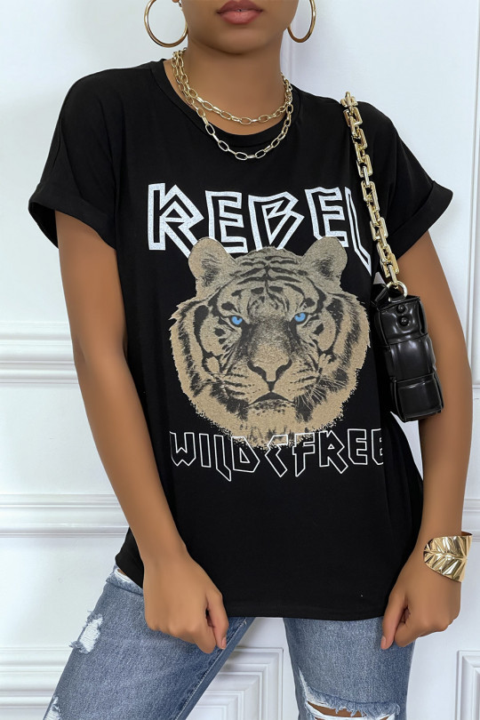 Losvallend zwart T-shirt met REBEL-tekst en leeuwenkop - 3
