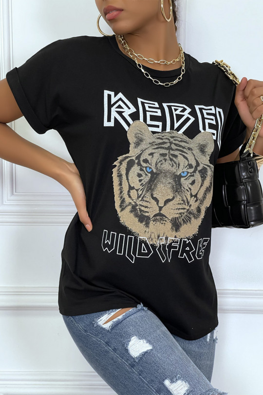 Tee-shirt noir ample avec écriture REBEL et tête de lion - 4