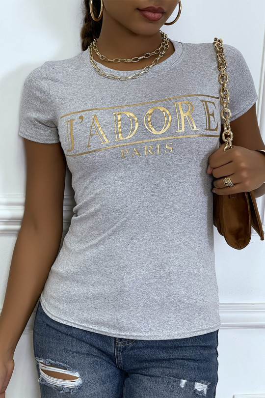 Tee-shirt gris avec ecriture J'ADORE en dorée - 3