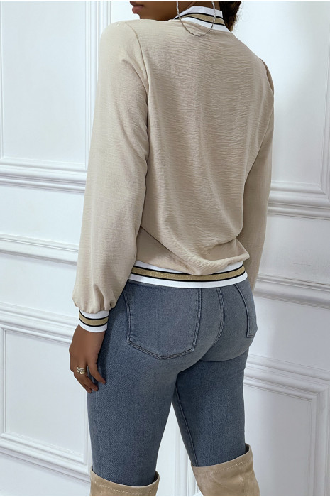 Veste fluide beige légère à zip et bordure dorée - 10