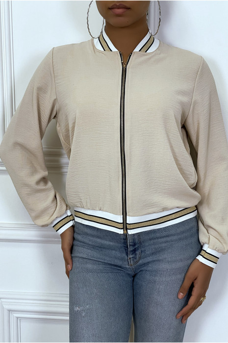 Veste fluide beige légère à zip et bordure dorée - 5