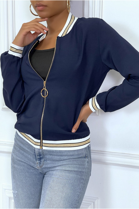 Veste fluide marine légère à zip et bordure dorée - 3