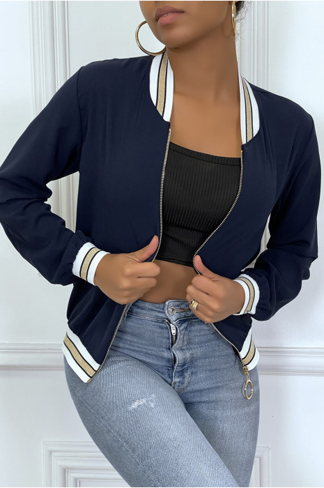 Veste fluide marine légère à zip et bordure dorée - 2