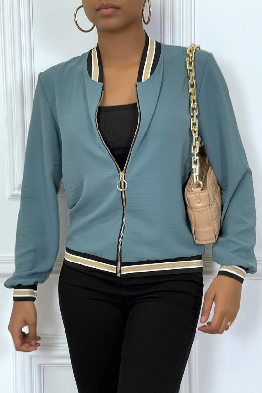 Light sea green fluid jacket with zip and gold trim - 2