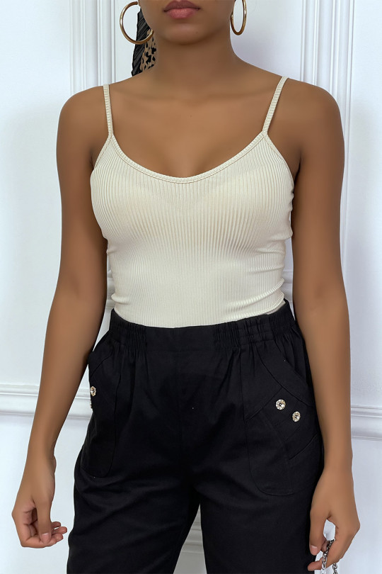Beige ribbed tank top with strap - 5