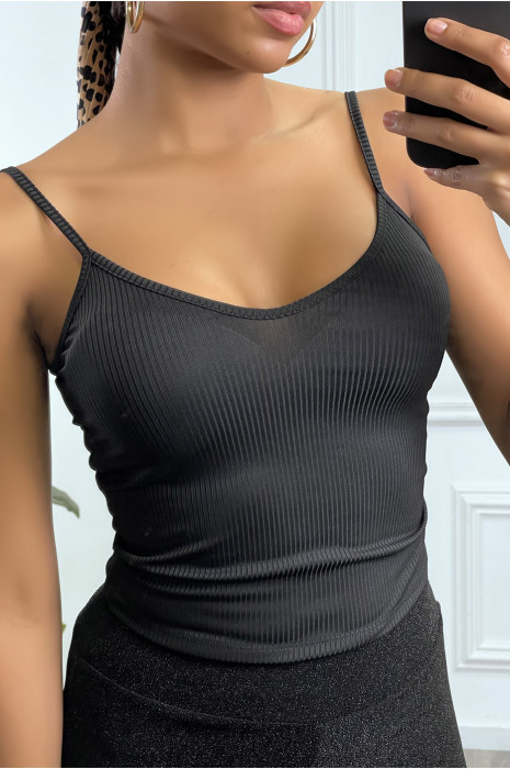 Débardeur noir côtelé à bretelle - 1