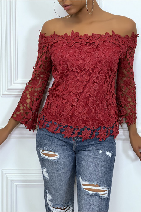 Top bordeaux col bardot à doublure crochet - 2