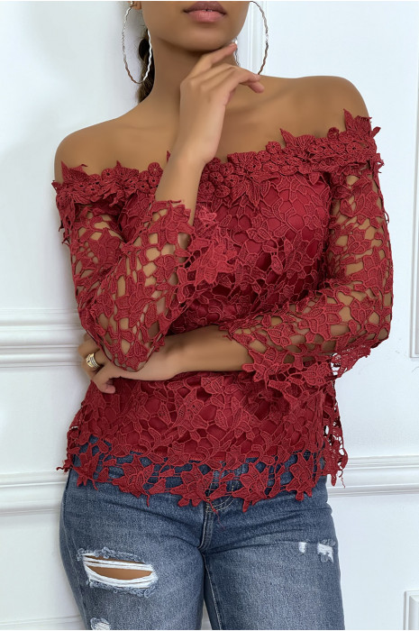 Top bordeaux col bardot à doublure crochet - 3