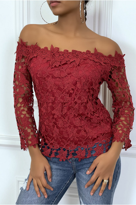 Top bordeaux col bardot à doublure crochet - 1