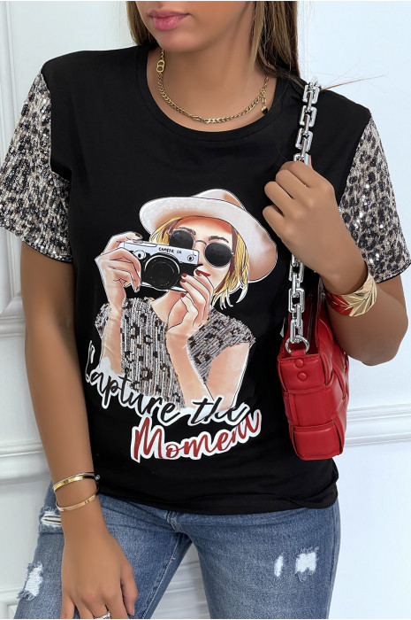 T-shirt noir avec manches en sequin et dessin à l'avant - 2