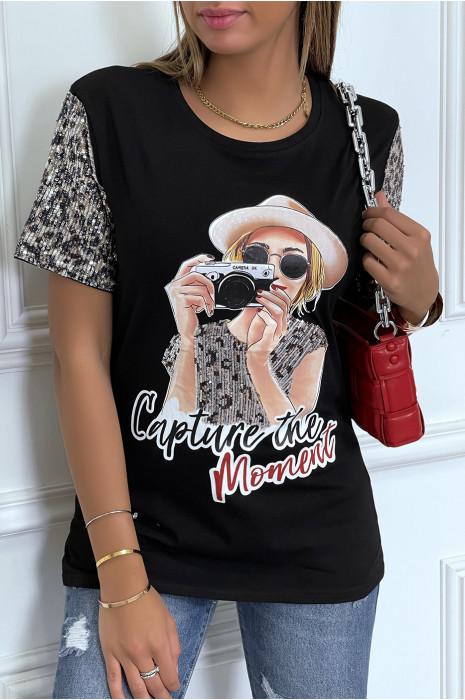 T-shirt noir avec manches en sequin et dessin à l'avant - 3