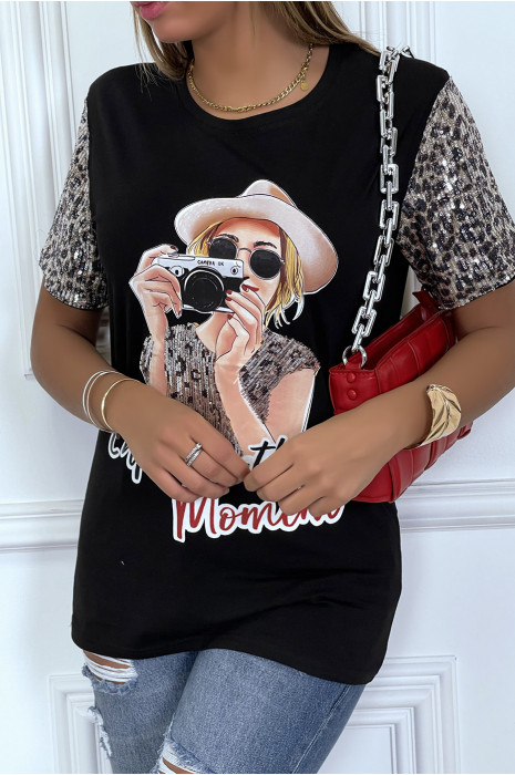 T-shirt noir avec manches en sequin et dessin à l'avant - 5