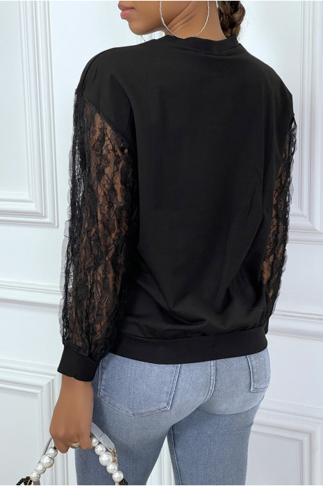 Pull noir avec impression dessins et manches dentelle - 1