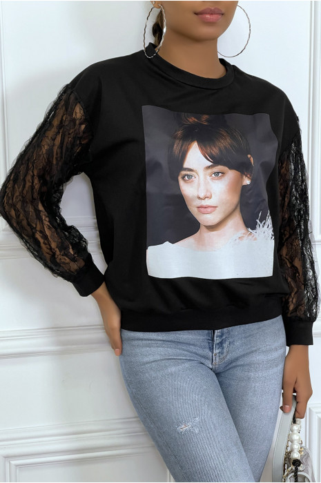 Pull noir avec impression dessins et manches dentelle - 2