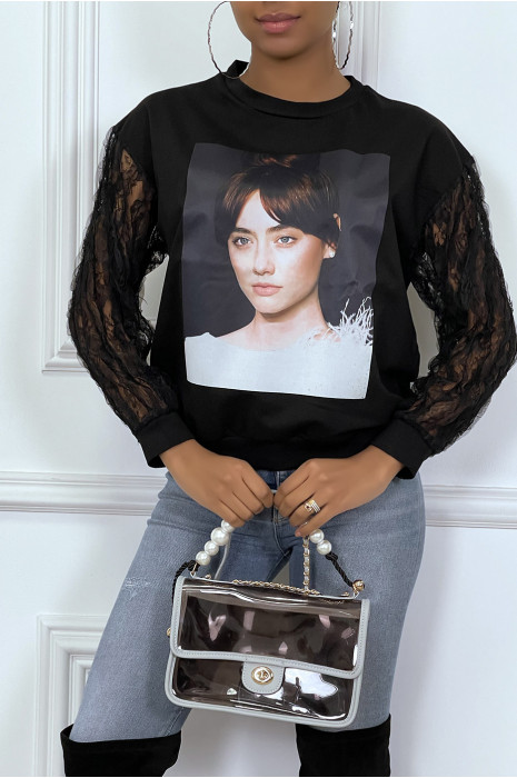 Black sweater with pattern print and lace sleeves - 4