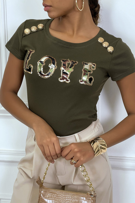 T-shirt kaki à boutons dorés et écriture sequin LOVE - 1
