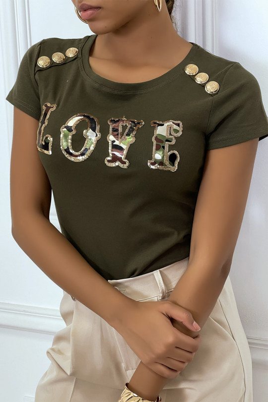 T-shirt kaki à boutons dorés et écriture sequin LOVE - 3